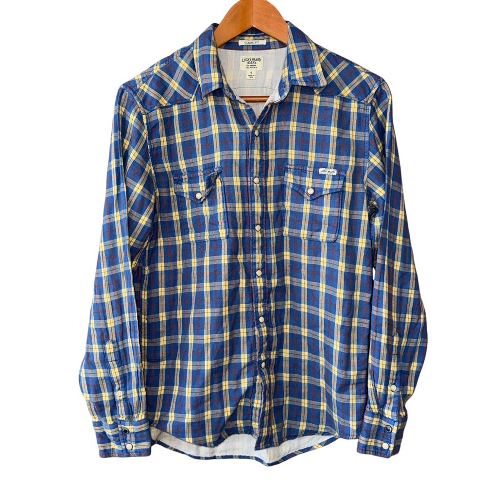 Lucky Brand Mens Pearl Snap Front Plaid Western Shirt Blue Yellow Lined Small